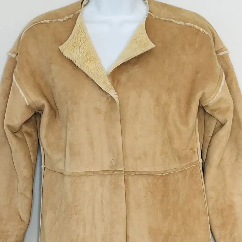 Banana Republic Faux Suede Long Coat Shearling Lined XS Tan Penny Lane Y2K Italy
